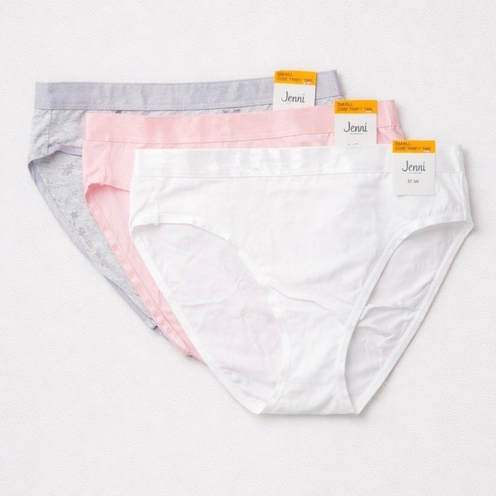Jenni Intimates‎ Women's 3 Pack Cotton Stretch Core Panty White Pink Grey Star S